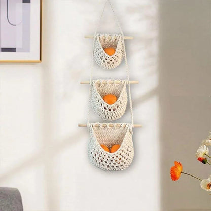 Three Layer Cotton Rope Wall Hanging Basket Door Storage Rack Organizer Bag - Brown