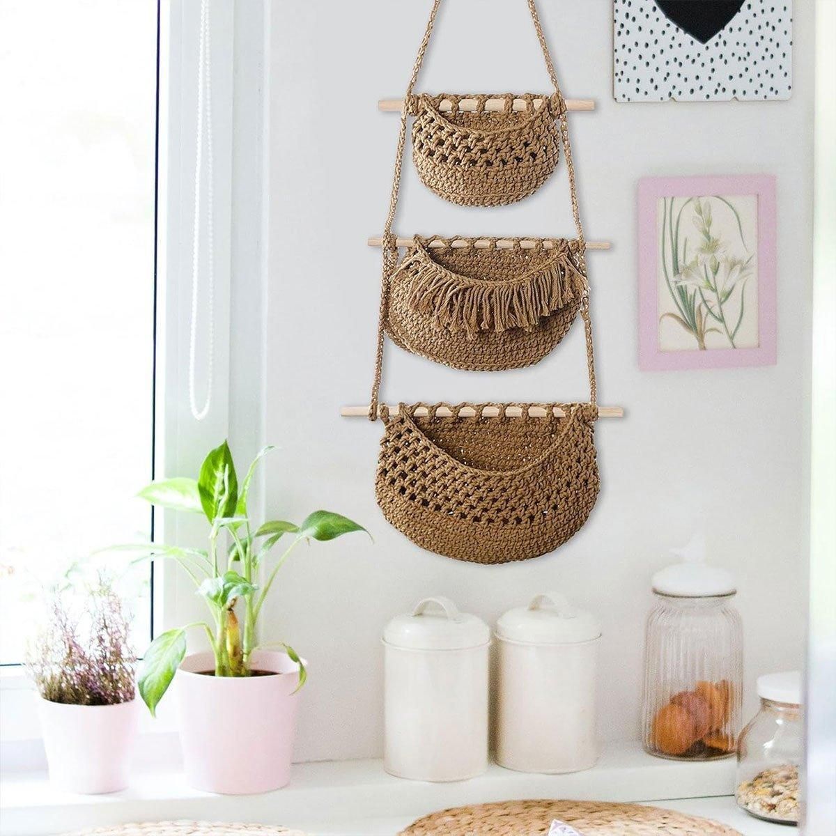 Three Layer Cotton Rope Wall Hanging Basket Door Storage Rack Organizer Bag - Brown