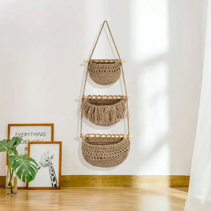 Three Layer Cotton Rope Wall Hanging Basket Door Storage Rack Organizer Bag - Brown
