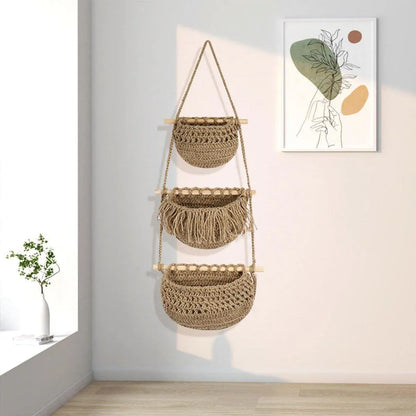 Three Layer Cotton Rope Wall Hanging Basket Door Storage Rack Organizer Bag - Brown