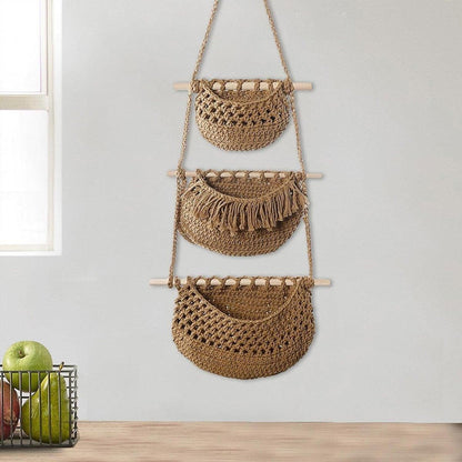 Three Layer Cotton Rope Wall Hanging Basket Door Storage Rack Organizer Bag - Brown