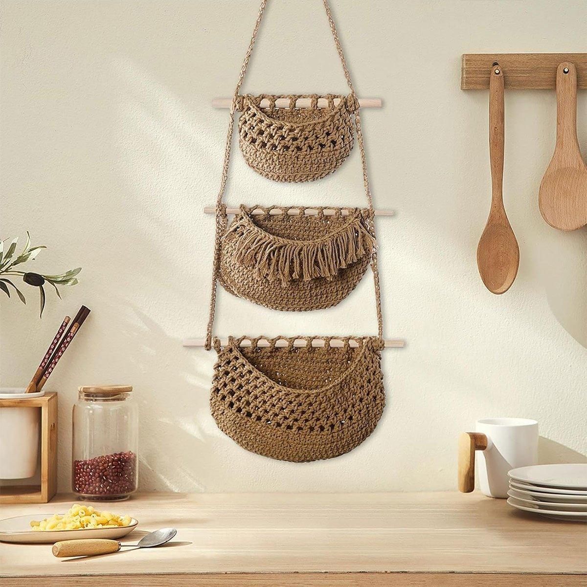 Three Layer Cotton Rope Wall Hanging Basket Door Storage Rack Organizer Bag - Brown