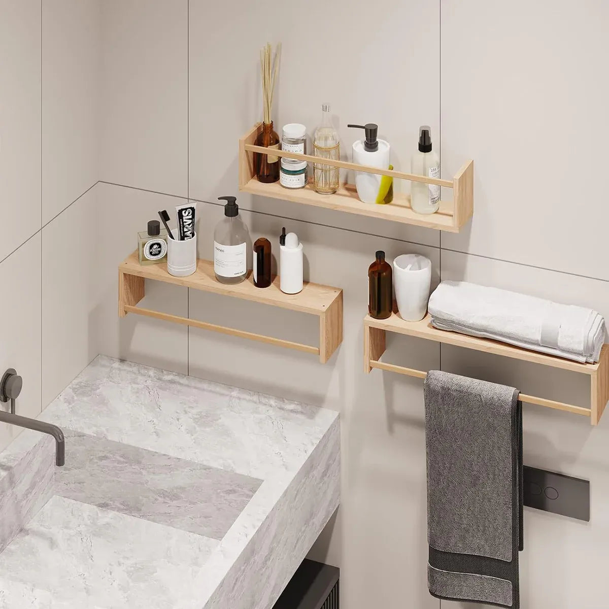 Wall Mounted Wooden Shelf Multi Purpose Home Storage Rack for Kitchen Bathroom