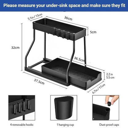 Under Sink Storage Rack Double Layer Organizer Shelf Kitchen Bathroom Cabinet - Black