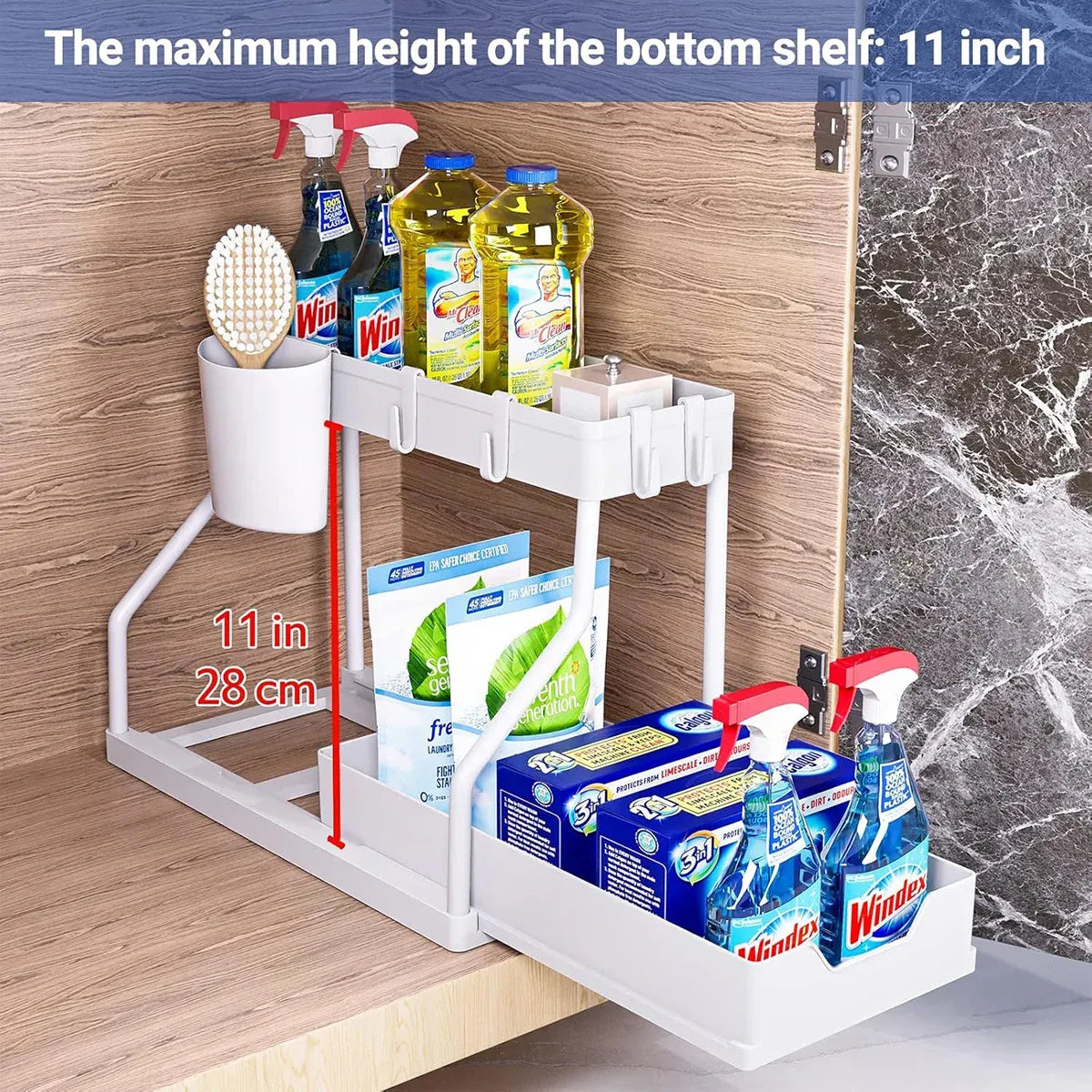 Under Sink Storage Rack Double Layer Organizer Shelf Kitchen Bathroom Cabinet - Black