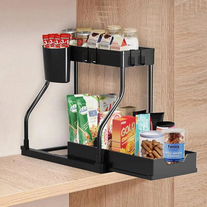Under Sink Storage Rack Double Layer Organizer Shelf Kitchen Bathroom Cabinet - Black