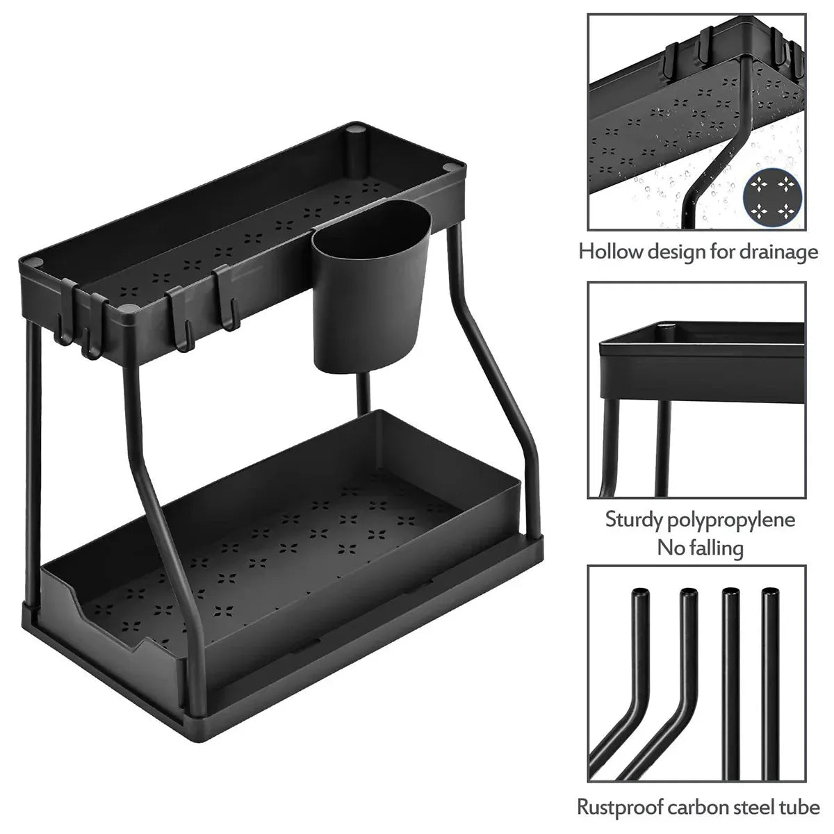 Under Sink Storage Rack Double Layer Organizer Shelf Kitchen Bathroom Cabinet - Black