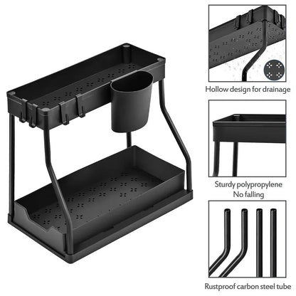 Under Sink Storage Rack Double Layer Organizer Shelf Kitchen Bathroom Cabinet - Black
