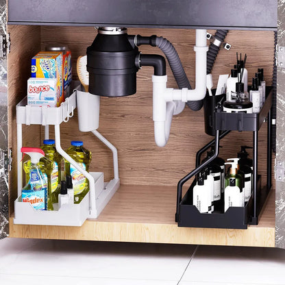 Under Sink Storage Rack Double Layer Organizer Shelf Kitchen Bathroom Cabinet - Black