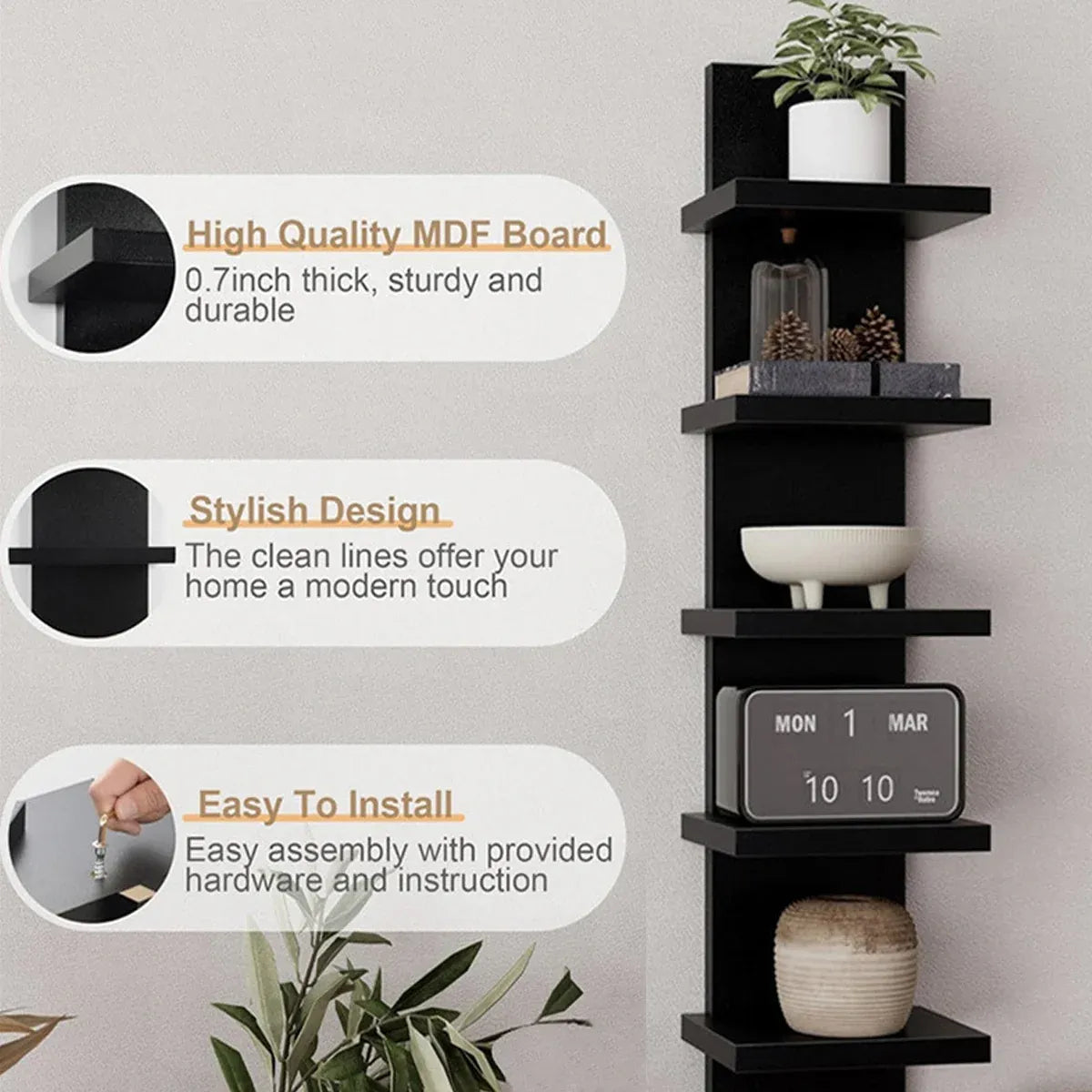 5 Tier Wall-Mounted Shelf Black for Home Living Room Storage Use