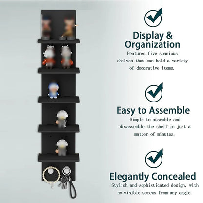 5 Tier Wall-Mounted Shelf Black for Home Living Room Storage Use
