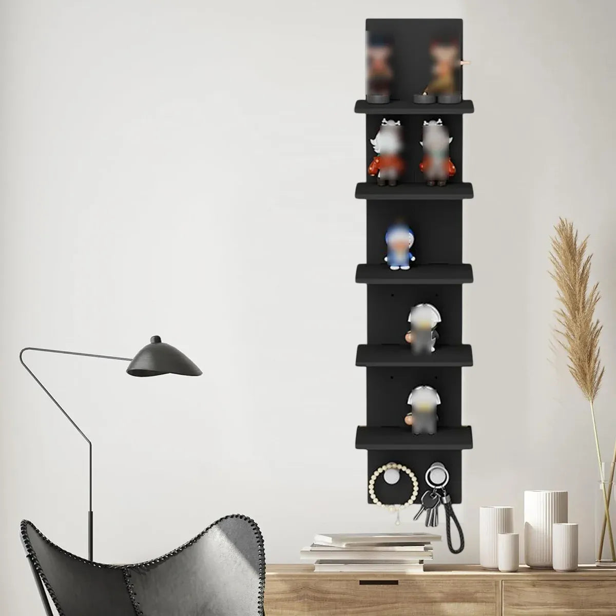 5 Tier Wall-Mounted Shelf Black for Home Living Room Storage Use