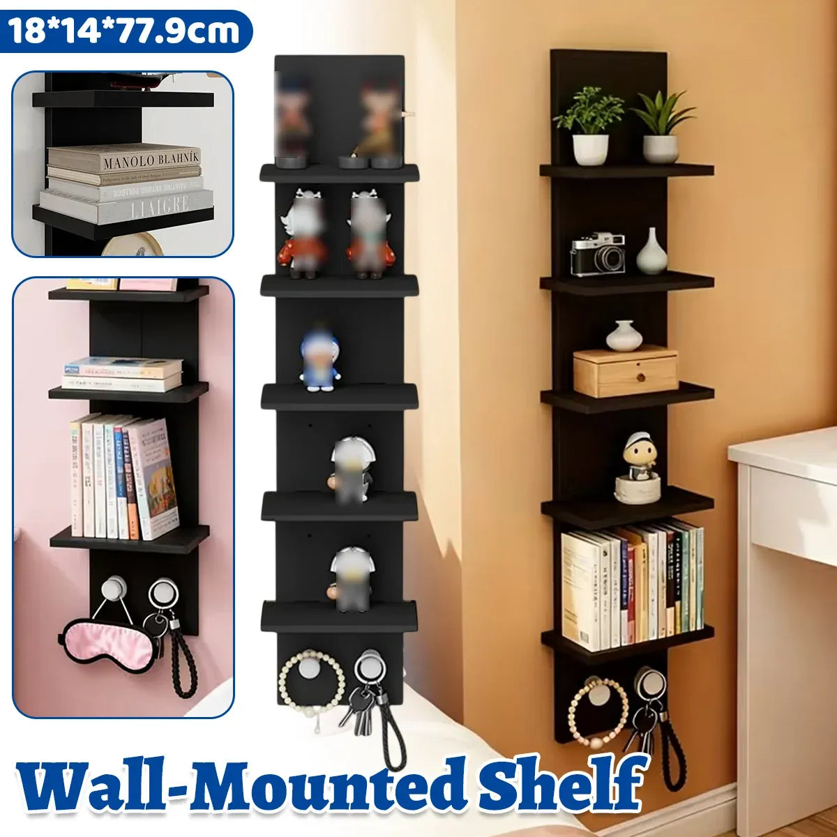 5 Tier Wall-Mounted Shelf Black for Home Living Room Storage Use