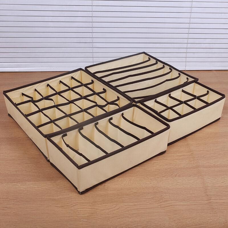 Drawer Organizer Set Foldable Storage Box Divider for Bra Underwear Closet 4pcs - Beige