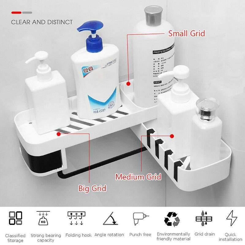 Shower Caddy Corner Storage Shelf Holder Rack Organiser Bathroom Adhesive Tripod - White+Black