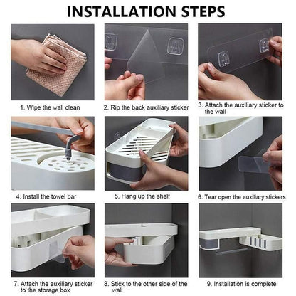 Shower Caddy Corner Storage Shelf Holder Rack Organiser Bathroom Adhesive Tripod - White+Black