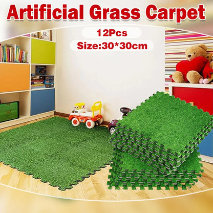 Artificial Grass Mat 12PCS Turf Floor Carpet Green Interlocking Tiles For Garden