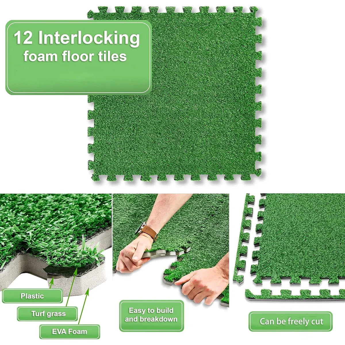 Artificial Grass Mat 12PCS Turf Floor Carpet Green Interlocking Tiles For Garden
