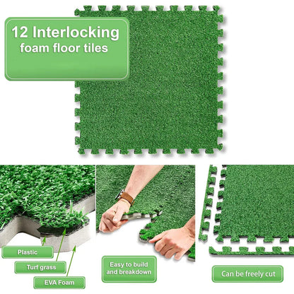 Artificial Grass Mat 12PCS Turf Floor Carpet Green Interlocking Tiles For Garden
