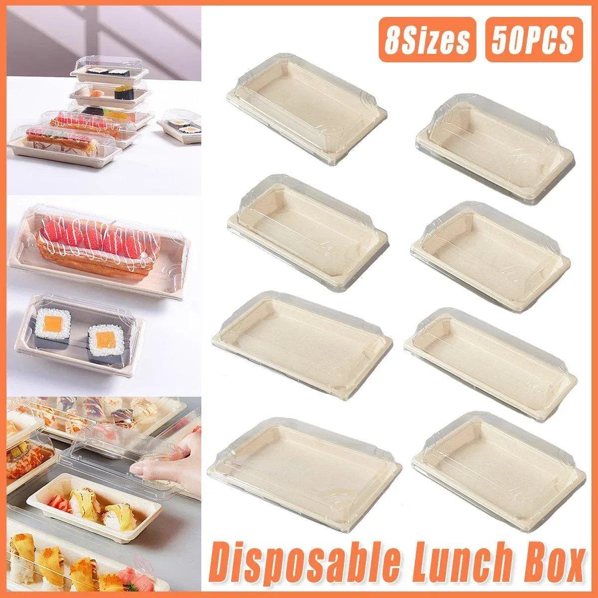 50pcs Eco-Friendly Sushi Box Rectangular Biodegradable Lunch Packaging Plate - 16.4 cm x 11.4 cm x 4.5 cm