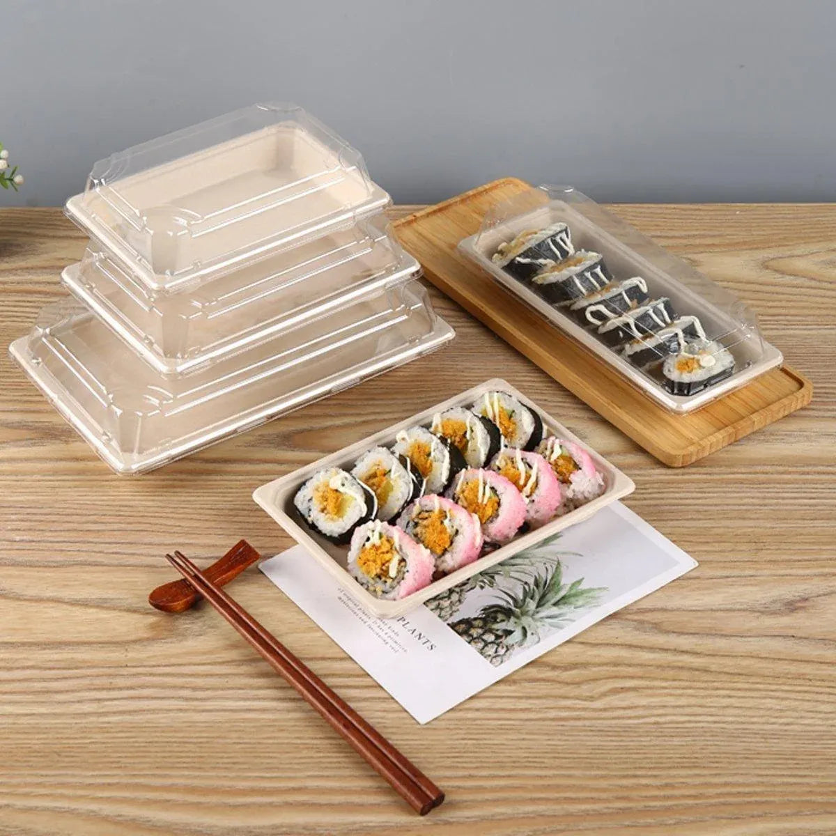 50pcs Eco-Friendly Sushi Box Rectangular Biodegradable Lunch Packaging Plate - 16.4 cm x 11.4 cm x 4.5 cm