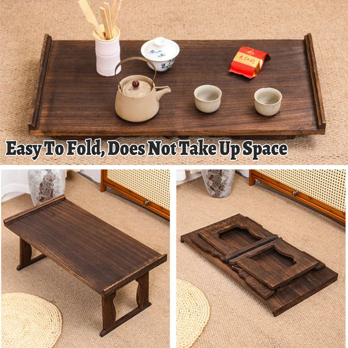 Wooden Foldable Chinese Style Tea Table Home Living Room Space Saving Durable
