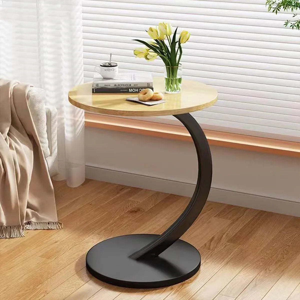 C Shaped Snack Side Table for Sofa Couch Small End Table for Living Room Bedroom - Brown-White
