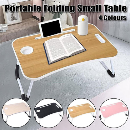 Laptop Bed Table Foldable Lap Standing Desk with Cup Slot for Indoor Picnic Tray - White
