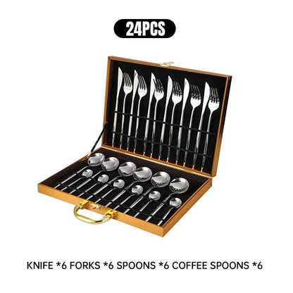 24PCS Stainless Steel Cutlery Set Knife Fork Spoon Set Durable Flatware Dining - Silver gift box set