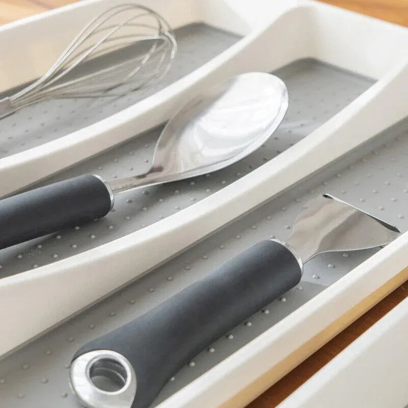 Kitchen Cutlery Large Tray Utensil Organiser Drawer Insert Divider Multi-Purpose - Grey
