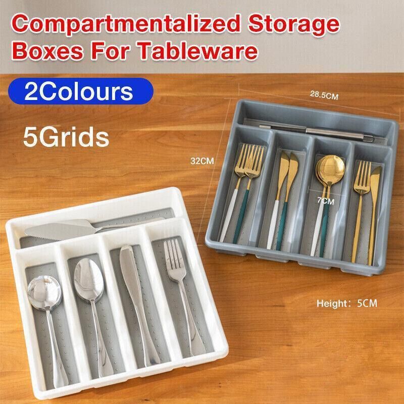 Kitchen Cutlery Large Tray Utensil Organiser Drawer Insert Divider Multi-Purpose - White