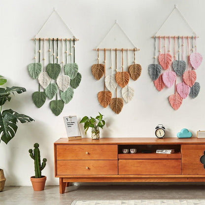 Handmade Braided Cotton Rope Leaves Wall Hanging Home Decoration Ornament - Pink
