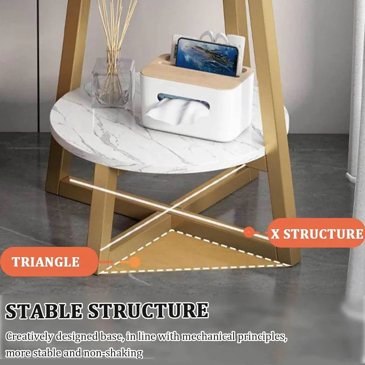 Round Side Table 2 Tier White Nightstand Coffee Sofa End Table Marble Design