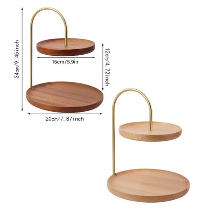 Two Layer Wooden Candy Tray Dessert Display Plate Stand Kitchen Storage Organizer - Dark Brown
