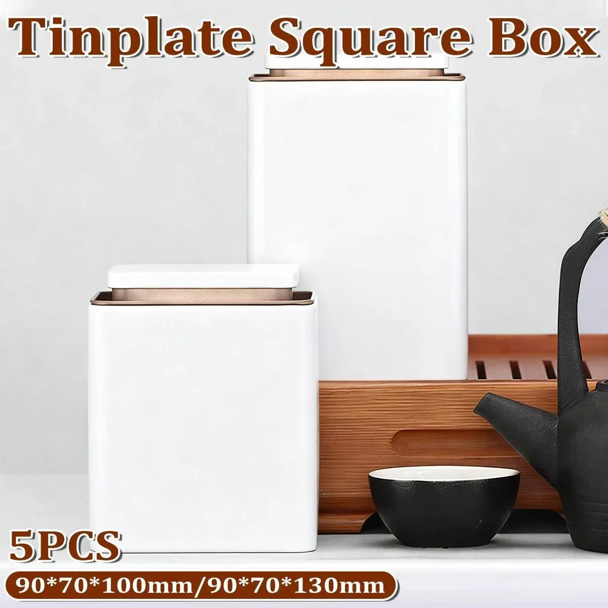 Metal Storage Tin Box Set Square Containers with Lid 5 Pack 2 Sizes - Large