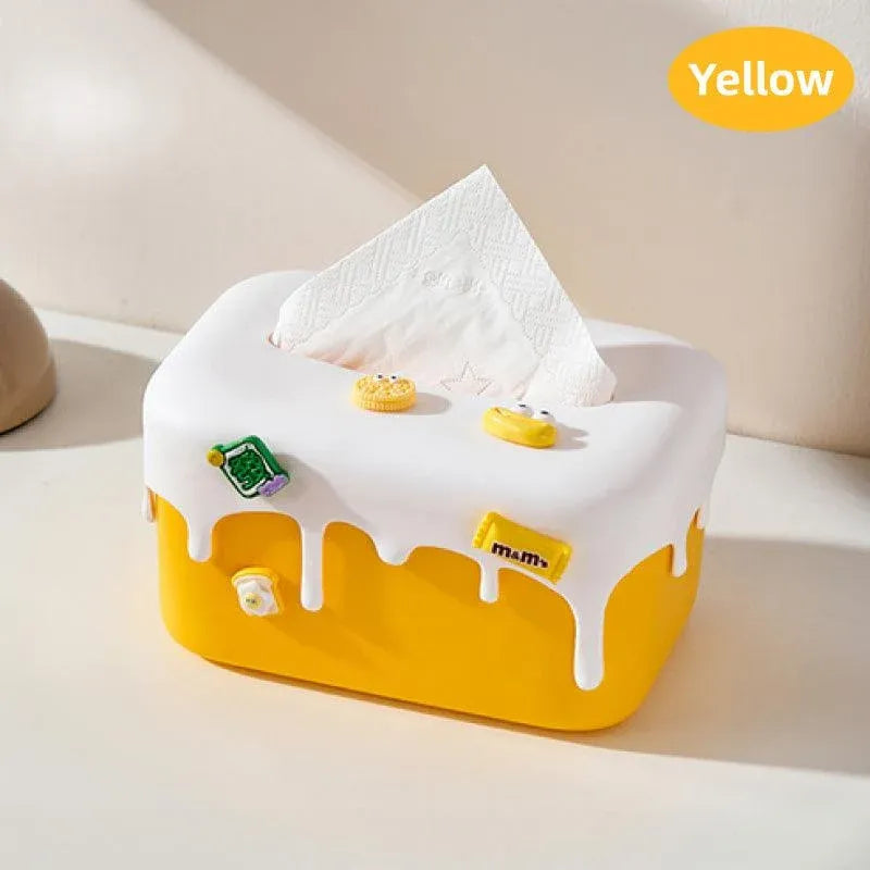 Cream Tissue Box Desktop Paper Holder Decorative Cardboard Napkin Storage Case - Yellow