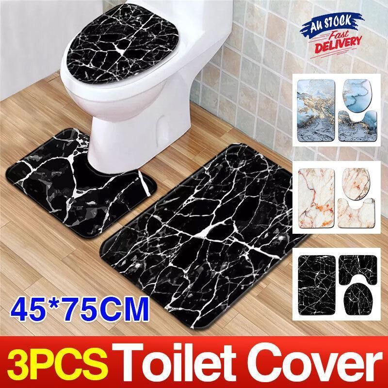 Washable Anti Slip Bathroom Mat Toilet Seat Lid Cover Pedestal Rug Bath Carpet - Set C