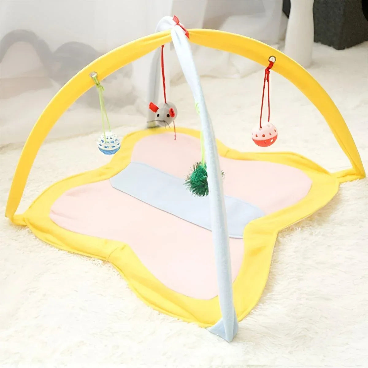 Breathable Pet Hammock Cat Bed with Fun Cartoon Bell Toy Cat Tent Supplies - Blue Polka Dots