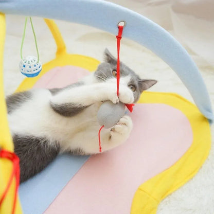 Breathable Pet Hammock Cat Bed with Fun Cartoon Bell Toy Cat Tent Supplies - Blue Polka Dots