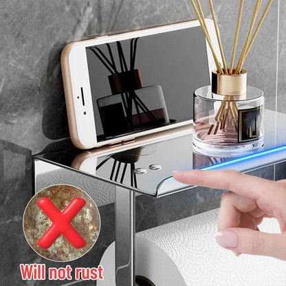 304 Stainless Steel Toilet Paper Holder Non-perforated Roll with Phone Rack - Silver