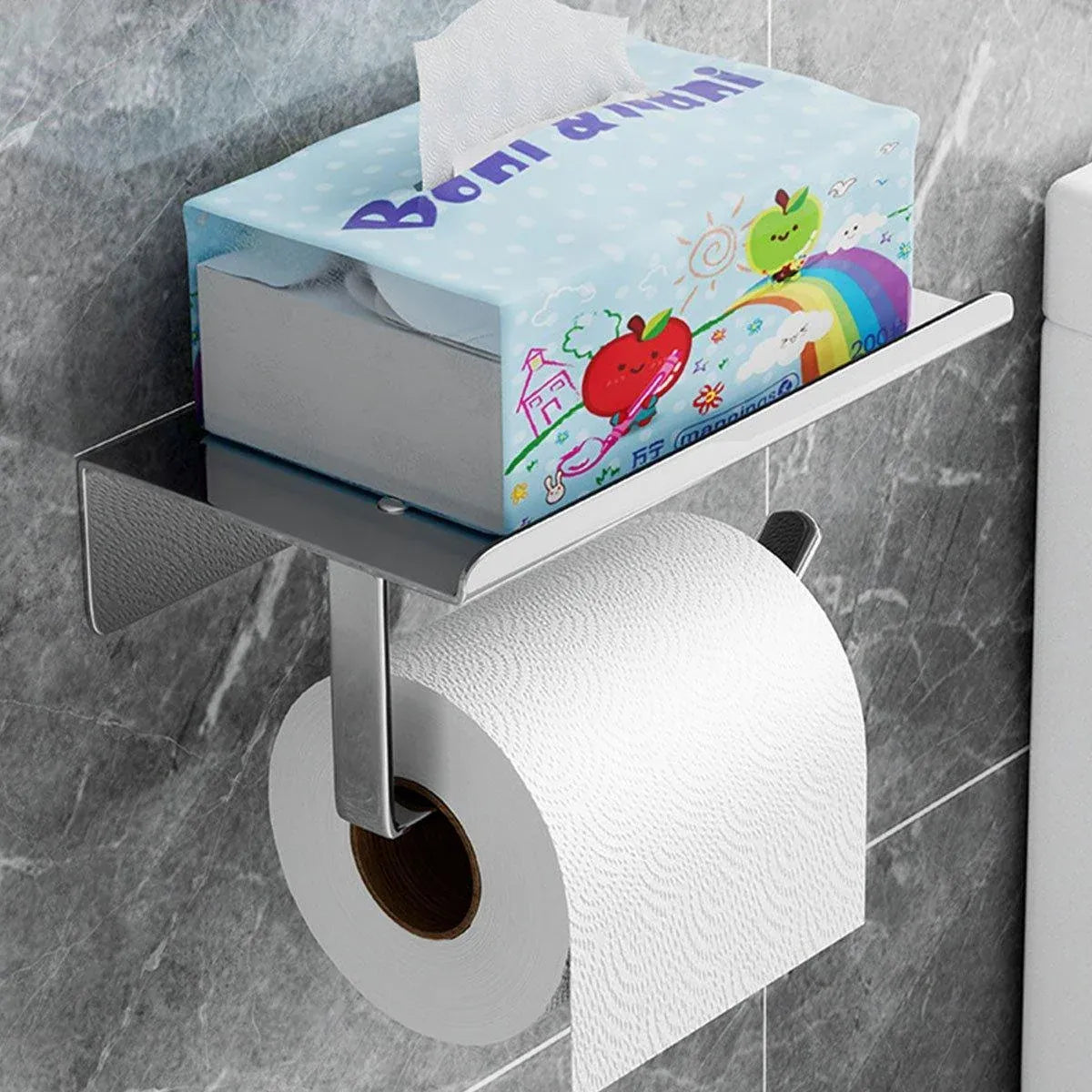 304 Stainless Steel Toilet Paper Holder Non-perforated Roll with Phone Rack - Silver
