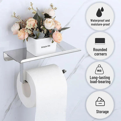 304 Stainless Steel Toilet Paper Holder Non-perforated Roll with Phone Rack - Silver