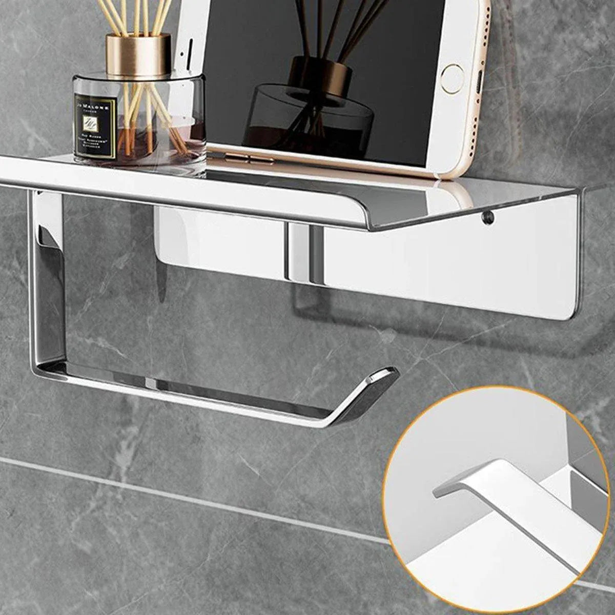 304 Stainless Steel Toilet Paper Holder Non-perforated Roll with Phone Rack - Silver