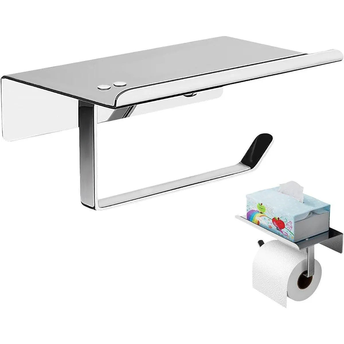 304 Stainless Steel Toilet Paper Holder Non-perforated Roll with Phone Rack - Silver