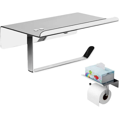 304 Stainless Steel Toilet Paper Holder Non-perforated Roll with Phone Rack - Silver