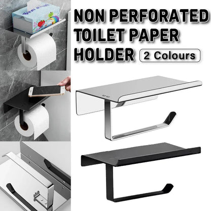 304 Stainless Steel Toilet Paper Holder Non-perforated Roll with Phone Rack - Silver