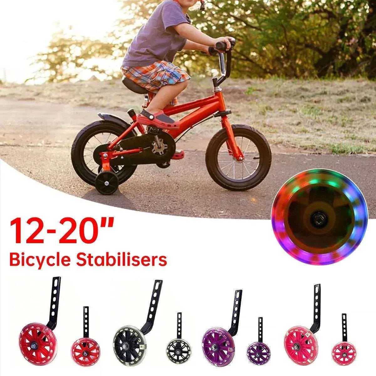 12–20 Inch Bike Training Wheels Flashing PVC Silent Stabilizer Auxiliary Support - Black