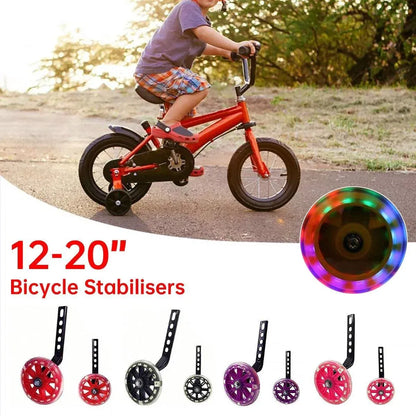 12–20 Inch Bike Training Wheels Flashing PVC Silent Stabilizer Auxiliary Support - Black