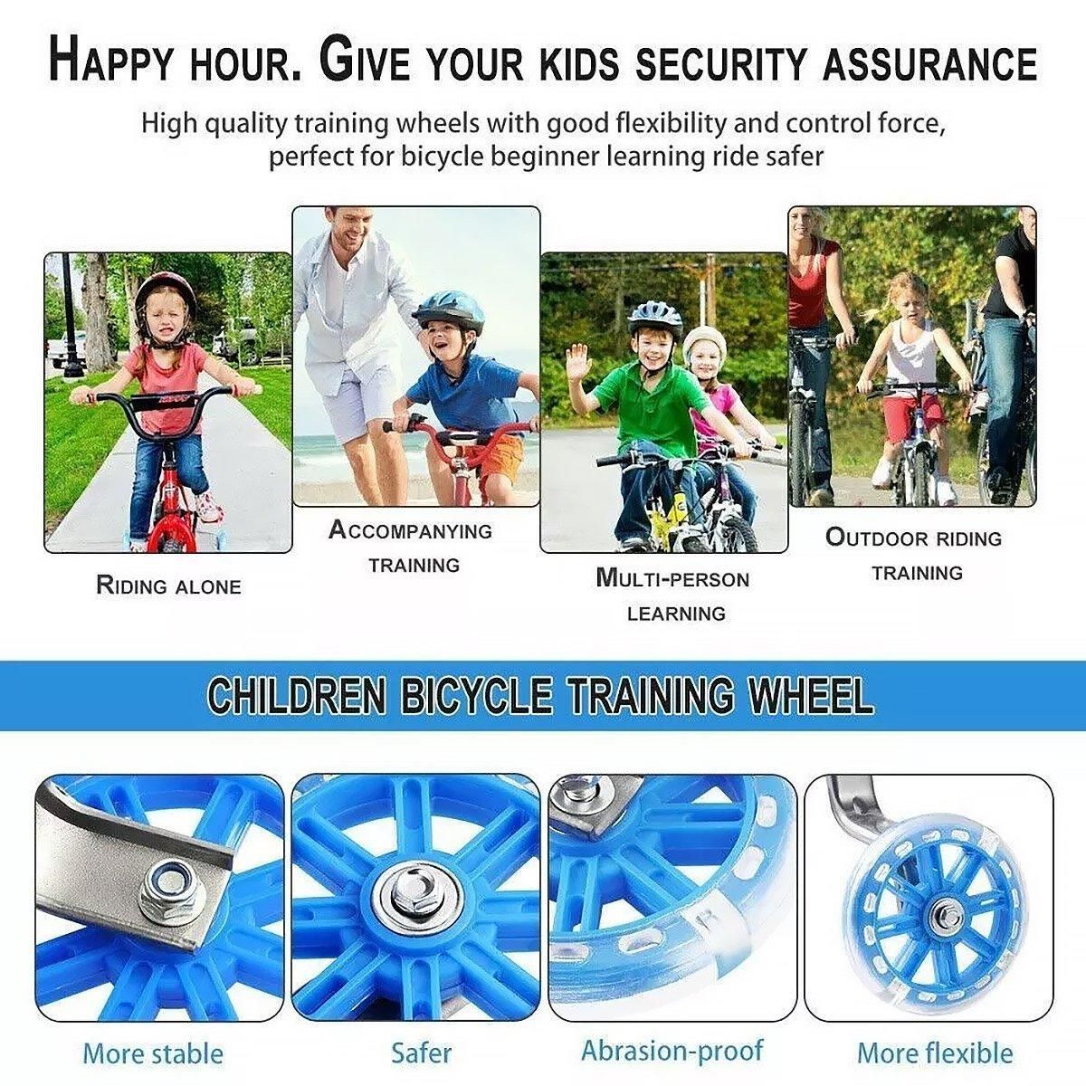 12–20 Inch Bike Training Wheels Flashing PVC Silent Stabilizer Auxiliary Support - Black