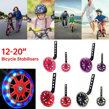 12–20 Inch Bike Training Wheels Flashing PVC Silent Stabilizer Auxiliary Support - Black